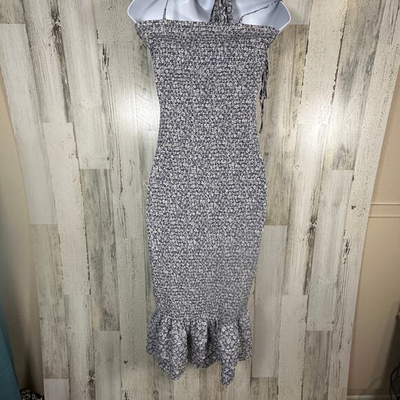 Mable Dusty Blue Floral Midi Dress M | Smocked Halter | Ruffle Hem | MSRP $90 - Picture 2 of 10